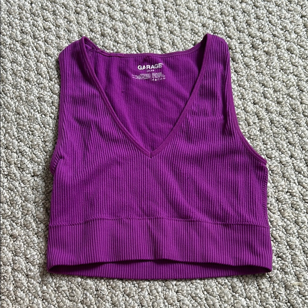 Garage Purple Ribbed V-Neck Crop Top
